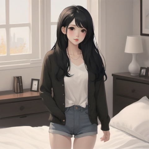  yor, 1girl, bedroom, black hair,standing,