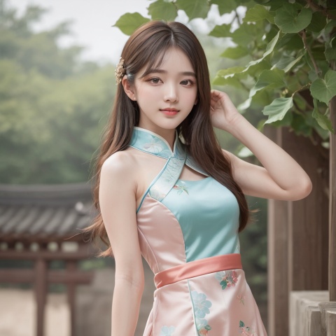  best quality,masterpiece,1 girl,whole body,solo,huge chest,chest focus,long hair,waist,delicate face,melon seed face,korean girls,smile,cheongsam,wenxin,blended_background