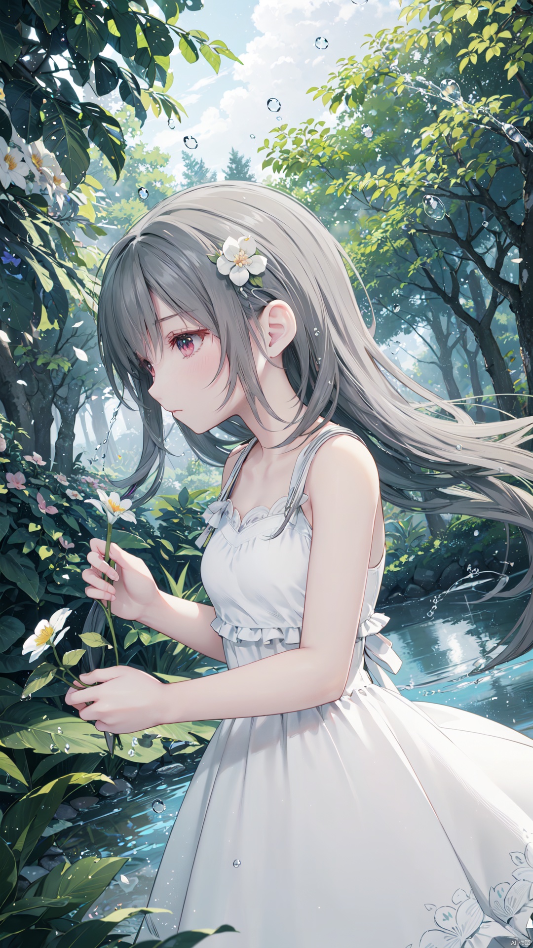  1girl,(low_angle),water spray, leaf,flowers,forest,droplets,sea,droplets, white dress,best quality ,masterpiece, illustration, an extremely delicate and beautiful, extremely detailed ,CG ,unity ,8k wallpaper,GRASS, hair flower, cute,scene depth,bare arms, holding flower, collarbone,
