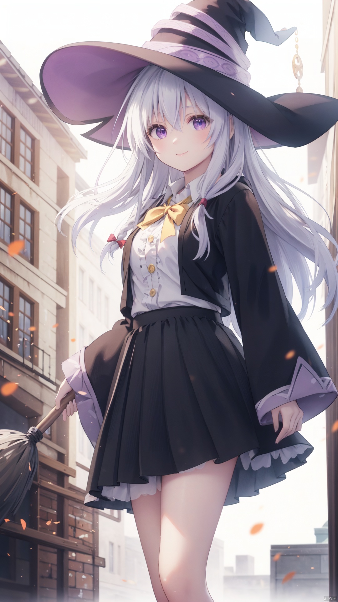  1girl, witch hat, hat, solo, elaina (majo no tabitabi), long hair, skirt, shirt, white shirt, black headwear, looking at viewer, braid, bangs, broom, smile, black skirt, frills, black robe, frilled skirt, purple eyes, wide sleeves, witch, long sleeves, outdoors, bow, ribbon, hair between eyes, collared shirt, open clothes, flower, white hair, brooch, robe, neck ribbon, building, yellow bow, bowtie, jewelry, feet out of frame