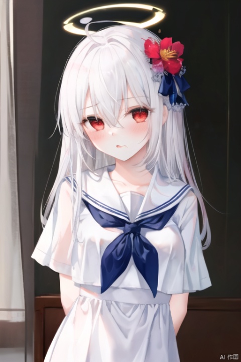 大前提：1girl,solo,masterpiece,beastiality,focus mouth,upper body,black pantyhose:1.2,
前提补充：
,ahoge,cute_fang,large_breasts,white hair,red eyes,standing, close mouth, long hair, looking at viewer, blush,bangs,hair ornament,puffy_sleeves,school uniformred bow,sailor shirt,dress shirt, hair between eyes, very long hair,braid,flower,indoors, hair flower,heart,bound wrists,arms behind back,hands on own arms,cummerbund,white capelet,halo,neckerchief,neckerchief
环境：,simple background,
重要基础：
面容,
,speech bubble,spokenblush
衣物等基础:,
,其他：,1girl,moyou