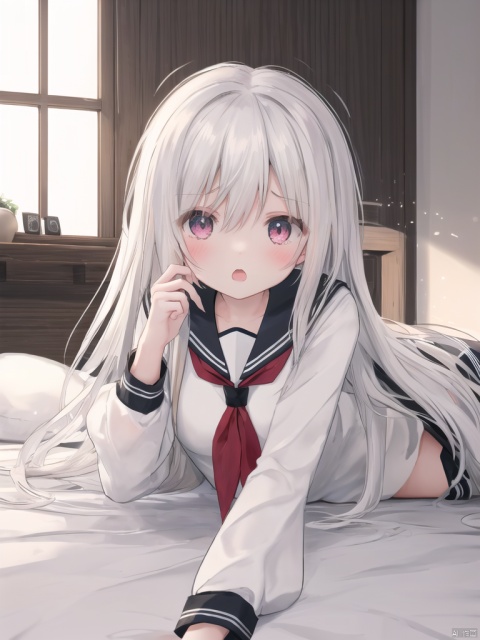 大前提：,1girl,masterpiece,cowboy_shot:15,bestquality,facecloseup,closeup,slender_waist,slim_waist,
前提补充：,lolicon,medium_breasts,
环境：,,dark,lying down on bed,hand_down,
重要基础：messyhair,longhair,white_hair,redeyes:1.3,hearthairornament,handinownhair,
面容,
,coldattitude,openmouth,upset,fog,
衣物等基础：,,serafuku:1.4,puffy_sleeves,
,其他：,solo