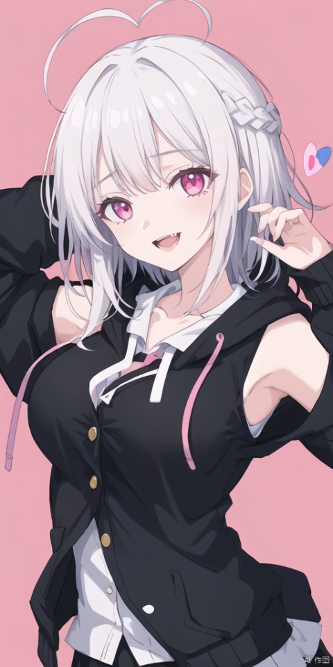 大前提：1girl,spot color,pink eyes,eye focus,longeyelashes,pulled by self,background,masterpiece,bestquality,
前提补充：,(black hoodie),heart pillow,off_shoulder,looking at viewer,sleeveless blazer,bangs,,ahoge, white hair, :d, heart,teeth, fang,messy hair, medium hair, verybigbreasts,large_
breasts,
环境：,heartbeat,(heart_shaped_pupils),many heart onbackground,pinkbackground,heartbackground,idleanimation,
重要基础：(messy hair),white_hair:1.4,sleepy,heart-shapedpupils,
面容,
,open mouth,evilsmile,tongues out,:p ,
衣物等基础:,
,其他：,clutter, smug,,side braid