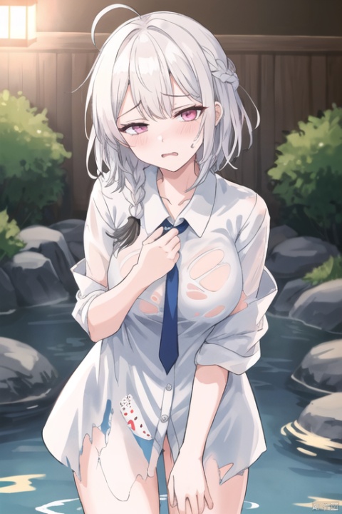 大前提：1girl,spot color,pink_eyes,cowboy_shot,masterpiece,beastiality,large_breasts,torn clothes,topless:1.4,onsen symbol,after bathing,bottomless：1.1,,
前提补充：
,ahoge,cute_fang,heartbeat,white_shirt,collared_shirt,barelegs,clothes_tuckedin,bare_legs,taut shirt,topless:1.4,
环境：,blurry_background,
重要基础：(messyhair),white_hair:1.4,holder,(whitehair),hairscrunchie,sidebraid,
面容,
,disappointed,sleepy,half-closed eyes,eyes closed,unconscious,speechbubble,spokenblush,
衣物等基础:,
,其他：,, 1girl,