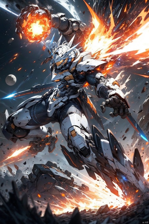  ,Combat attitude,Explosion effect,Sparks flew everywhere,Flame rise,Knife with one hand, gun with one hand,Flying in space,Giant planet behind,Black and white metal style, mecha_robot,Superperspective,星球, 