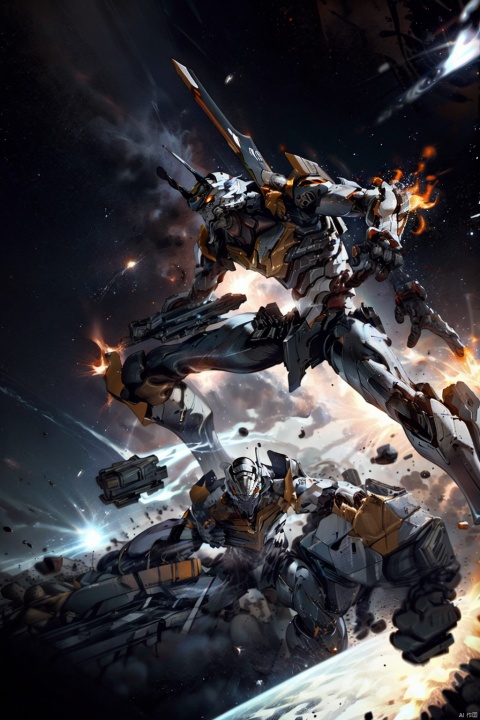  ,Combat attitude,Explosion effect,Sparks flew everywhere,Flame rise,Knife with one hand, gun with one hand,Flying in space,Giant planet behind,Black and white metal style, mecha_robot, Superperspective, Space, evangelion mecha
