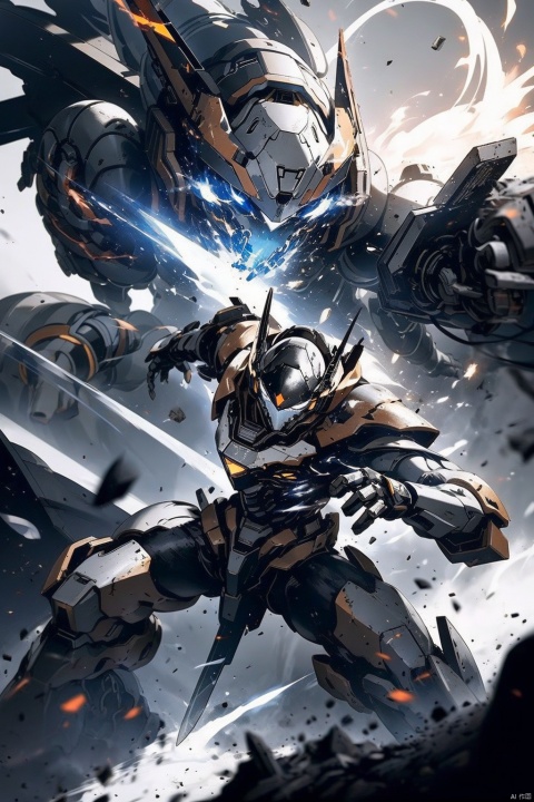 ,Combat attitude,Explosion effect,Sparks flew everywhere,Flame rise,Knife with one hand, gun with one hand,Flying in space,Giant planet behind,Black and white metal style, mecha_robot, Super perspective,星球
