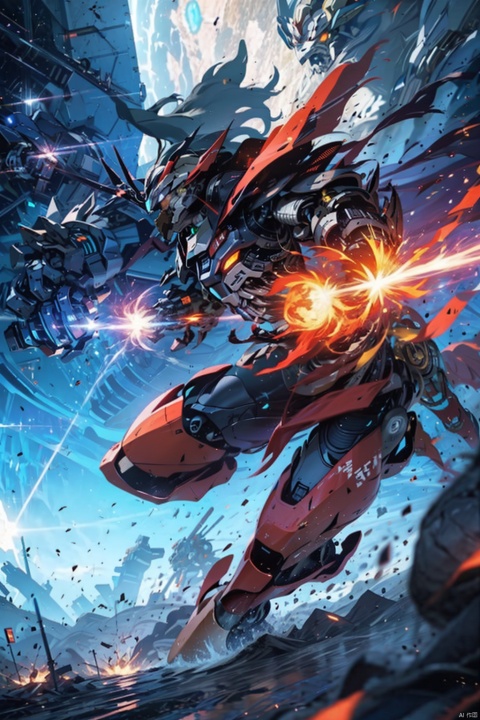 ,Combat attitude,Explosion effect,Sparks flew everywhere,Flame rise,Flying in space,Giant planet behind,mecha_robot,Superperspective, ,,,, machinery