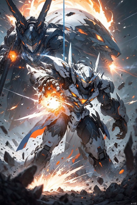  ,Combat attitude,Explosion effect,Sparks flew everywhere,Flame rise,Knife with one hand, gun with one hand,Flying in space,Giant planet behind,Black and white metal style, mecha_robot,Superperspective,星球, 