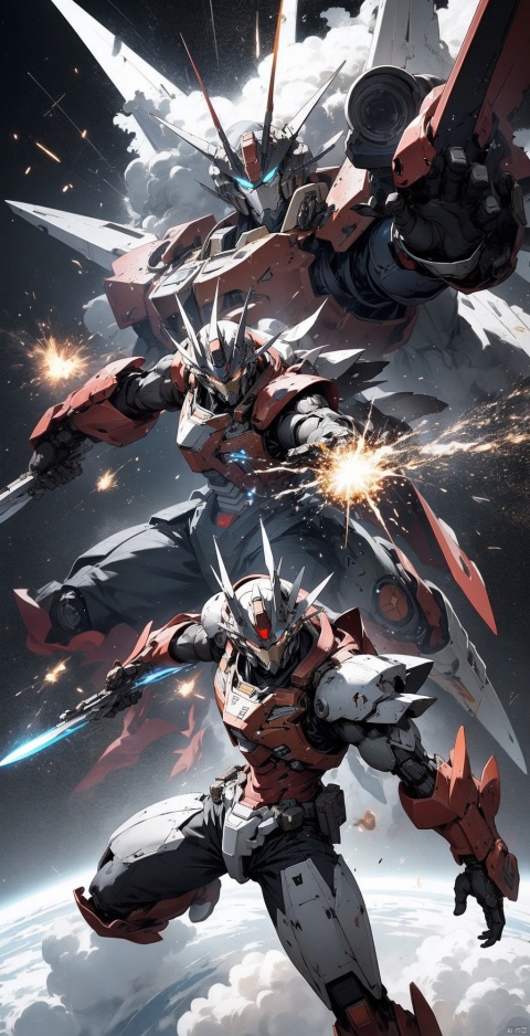 super robot,Combat attitude,Explosion effect,Sparks flew everywhere,Flame rise,Knife with one hand, gun with one hand,Flying in space,Giant planet behind,Black and white metal style, mecha_robot