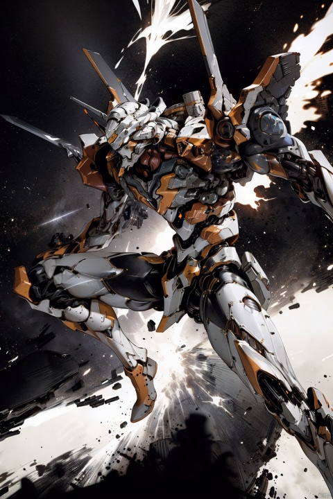  ,Combat attitude,Explosion effect,Sparks flew everywhere,Flame rise,Knife with one hand, gun with one hand,Flying in space,Giant planet behind,Black and white metal style, mecha_robot, Superperspective, Space, evangelion mecha