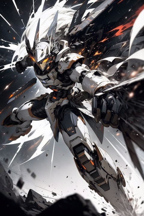 ,Combat attitude,Explosion effect,Sparks flew everywhere,Flame rise,Knife with one hand, gun with one hand,Flying in space,Giant planet behind,Black and white metal style, mecha_robot, Super perspective