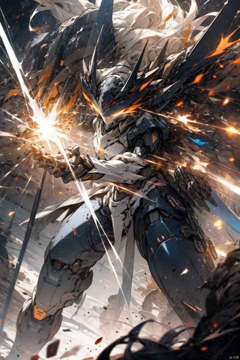  ,Combat attitude,Explosion effect,Sparks flew everywhere,Flame rise,Knife with one hand, gun with one hand,Flying in space,Giant planet behind,Black and white metal style, mecha_robot,Superperspective,星球, , mecha