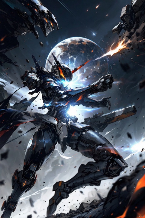  ,Combat attitude,Explosion effect,Sparks flew everywhere,Flame rise,Knife with one hand, gun with one hand,Flying in space,Giant planet behind,Black and white metal style, mecha_robot, Superperspective, Space