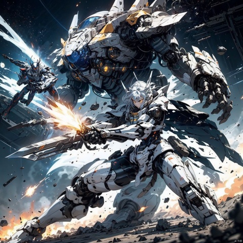  ,Combat attitude,Explosion effect,Sparks flew everywhere,Flame rise,Knife with one hand, gun with one hand,Flying in space,Giant planet behind,Black and white metal style, mecha_robot, Superperspective, Space, ROBOTANIMESTYLE,RRS,SRS,MRS, ROBOT, super_mecha