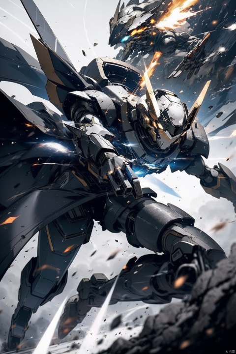 ,Combat attitude,Explosion effect,Sparks flew everywhere,Flame rise,Knife with one hand, gun with one hand,Flying in space,Giant planet behind,Black and white metal style, mecha_robot, Super perspective,星球