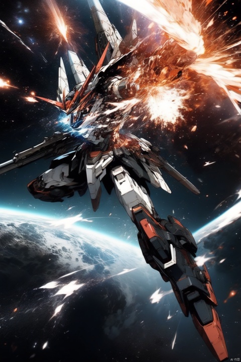  ,Combat attitude,Explosion effect,Sparks flew everywhere,Flame rise,Knife with one hand, gun with one hand,Flying in space,Giant planet behind,Black and white metal style, mecha_robot, Superperspective, Space, ROBOTANIMESTYLE
