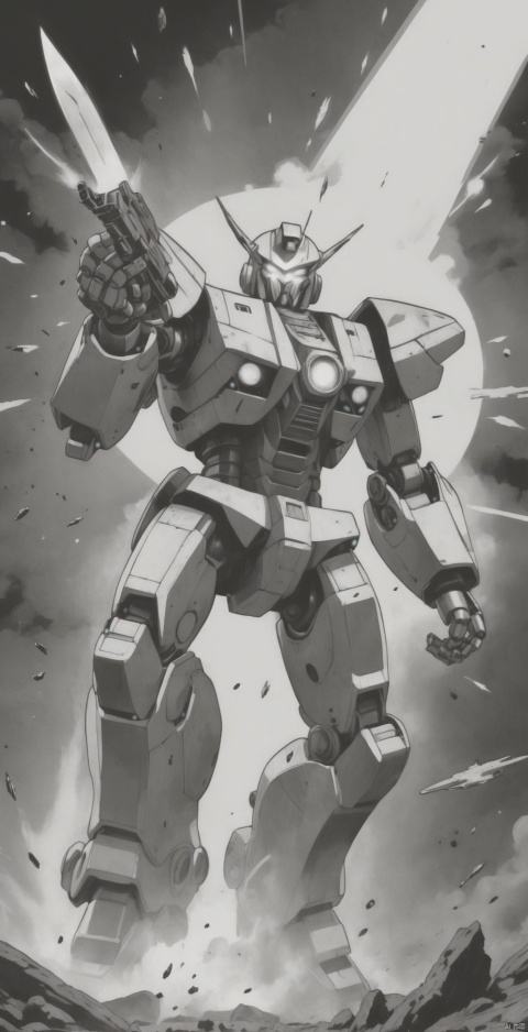 super robot,Combat attitude,Explosion effect,Sparks flew everywhere,Flame rise,Knife with one hand, gun with one hand,Flying in space,Giant planet behind,Black and white metal style