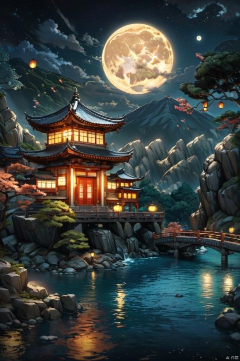 outdoors, sky, cloud, water, tree, no humans, night, moon, building, night sky, scenery, full moon, lantern, rock, mountain, architecture, bridge, east asian architecture