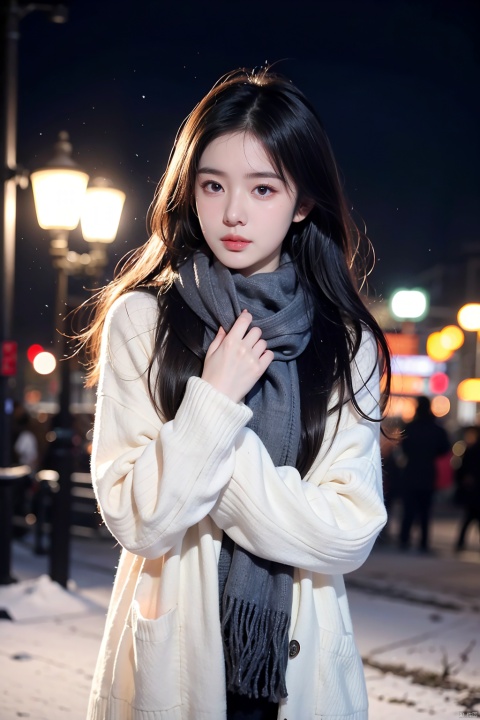  a girl,red wavy long curly hair, beautiful and detailed eyes, scarf, sweater, winter, snowing, standing under the street lamp, upper body, night, night, backlighting,kamisama, 1girl, xiqing, hszt