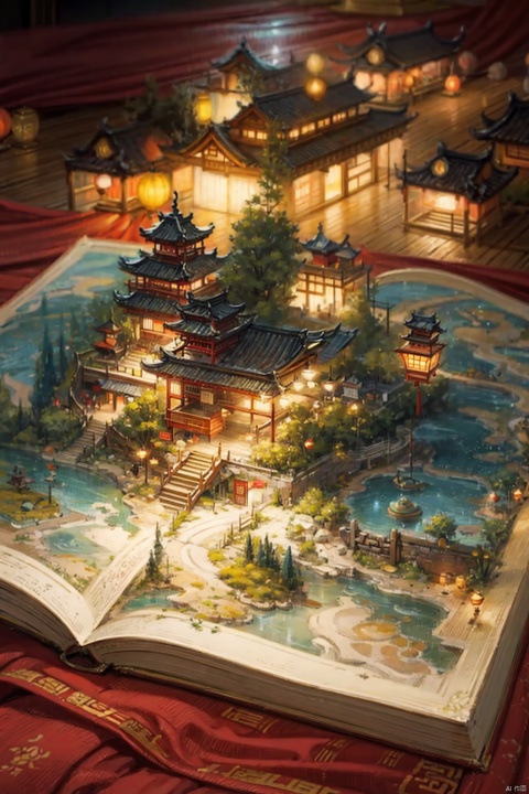 A lighted book,seated front,detailed art style,paper sculpture,geographic photo,hi-res image,paper cut book design oriental palace,tilt photography style,8k resolution,night scene,photo taken with a Nikon D750 with lights on top,cityscape style,intricate woodwork,grandiose gauges,chinese book model,golden light style,pencil art illustration,hi-res image,site-specific artwork,i can't believe how beautiful this is,