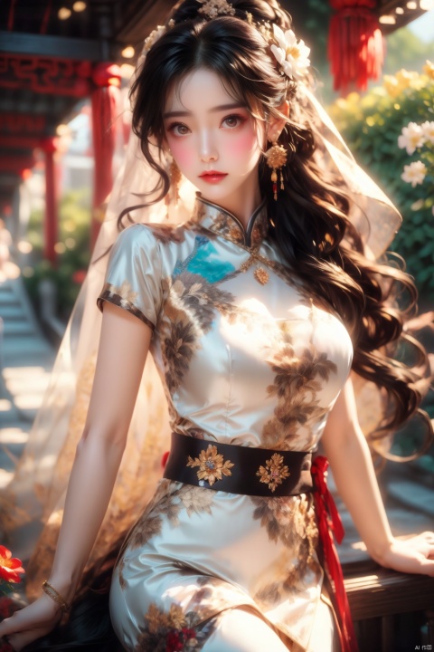 1 girl,Eyes are very delicate,ancient chinese beauties,Gorgeous lace golden white Hanfu,（（hair accessories））（（（veil）））,necklace,（（shiny skin））a garden with many flowers,（（（masterpiece）））, （（best quality））, （（intricate details））, （（surreal））（8k）