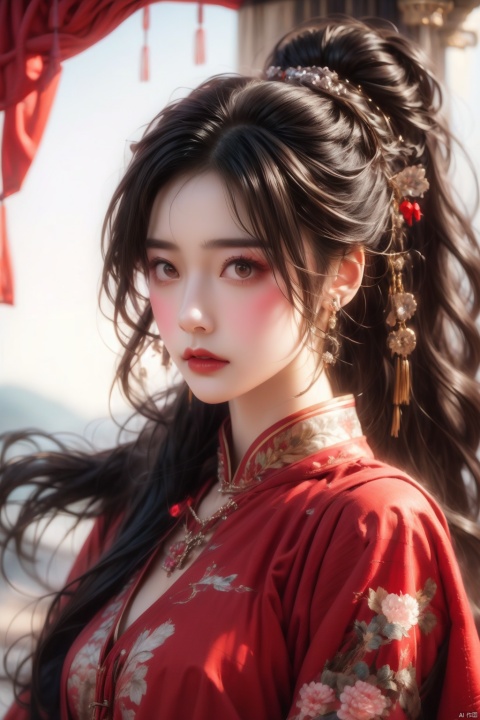  1 girl,ponytail,red cloak, solo, looking at me, jewelry, necklace, hair accessories, tea hair, Chinese clothing, hanfu, photography collection, light and shadow, textured skin, super details, the best quality,