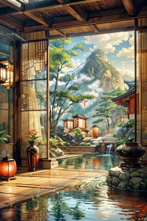 outdoors, sky, day, cloud, water, tree, no humans, window, plant, building, scenery, reflection, lantern, mountain, architecture, east asian architecture