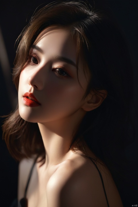  masterpiece, ultra high res, raw photo, 1girl, offshoulder, in the dark, deep shadow, low key, cold light, sexy look, short hair, xxmixgirl, yinglight, Half body photo, Long hair, Exquisite features, (photorealistic:1.5), Best quality, MAJICMIX STYLE