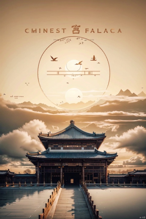 solo, outdoors, sky, cloud, english text, scenery, sunset, sun, architecture, east asian architecture
