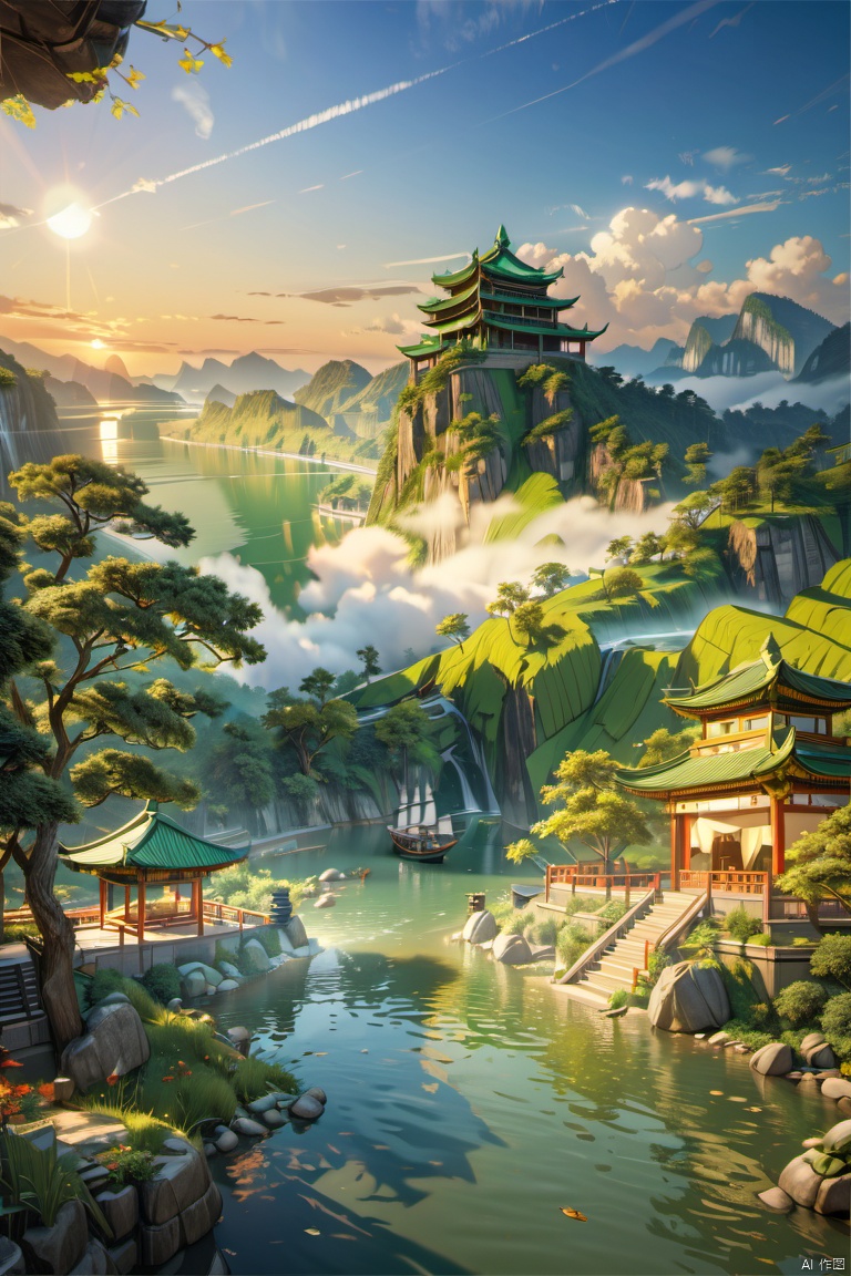 The Tianmen Mountains split and the Chu River flows through, The clear water flows eastward and returns here. On both banks, green mountains rise opposite each other, A lone sailboat appears, coming from the sunlit horizon. render,technology, (best quality) (masterpiece), (highly in detailed), 4K,Official art, unit 8 k wallpaper, ultra detailed, masterpiece, best quality, extremely detailed,CG,low saturation,