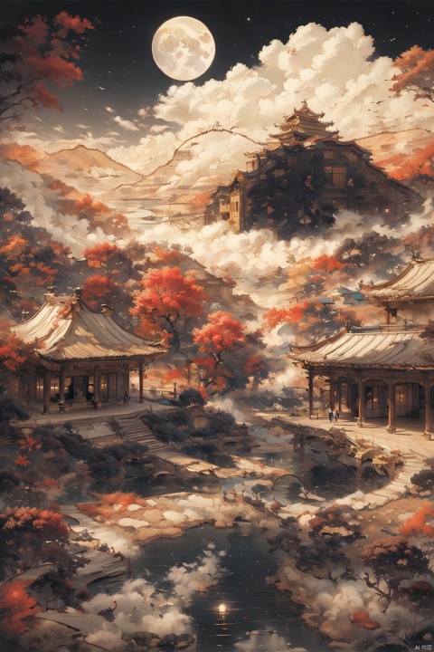  Wall mural style with gold-colored paint,Scenery of the water towns,Huizhou-style architecture,trees,houses,mountains,moon,clouds,moonlight,river,reflection,arch bridge,steps,pavilion,moss,rocks,sky,cloud,fog, landscape painting, JHJH