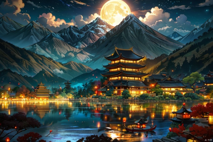outdoors, sky, cloud, water, tree, no humans, night, moon, building, night sky, scenery, full moon, reflection, mountain, architecture, east asian architecture, pagoda