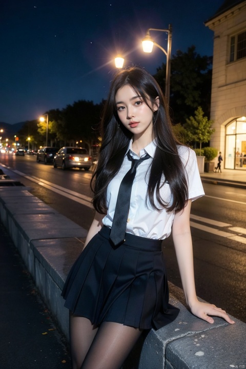  masterpiece, best quality, 1 girl, long hair, street, night sky, upper body, school uniform, bottom up, black pantyhose, school uniform black skirt,