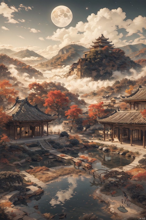  Wall mural style with gold-colored paint,Scenery of the water towns,Huizhou-style architecture,trees,houses,mountains,moon,clouds,moonlight,river,reflection,arch bridge,steps,pavilion,moss,rocks,sky,cloud,fog, landscape painting, JHJH