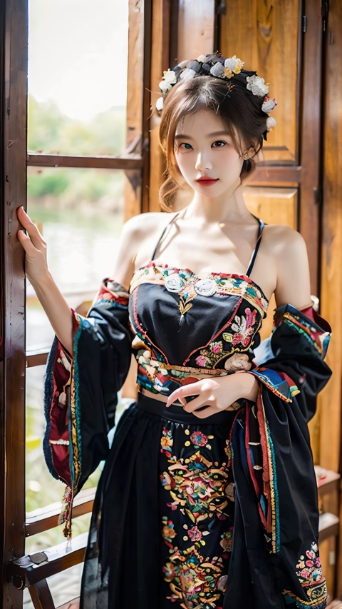 masterpiece,best quality,8k,high detailed,ultra-detailed,Hmong girl,Embroidered national costumes,cleavage,Traditional ornaments,