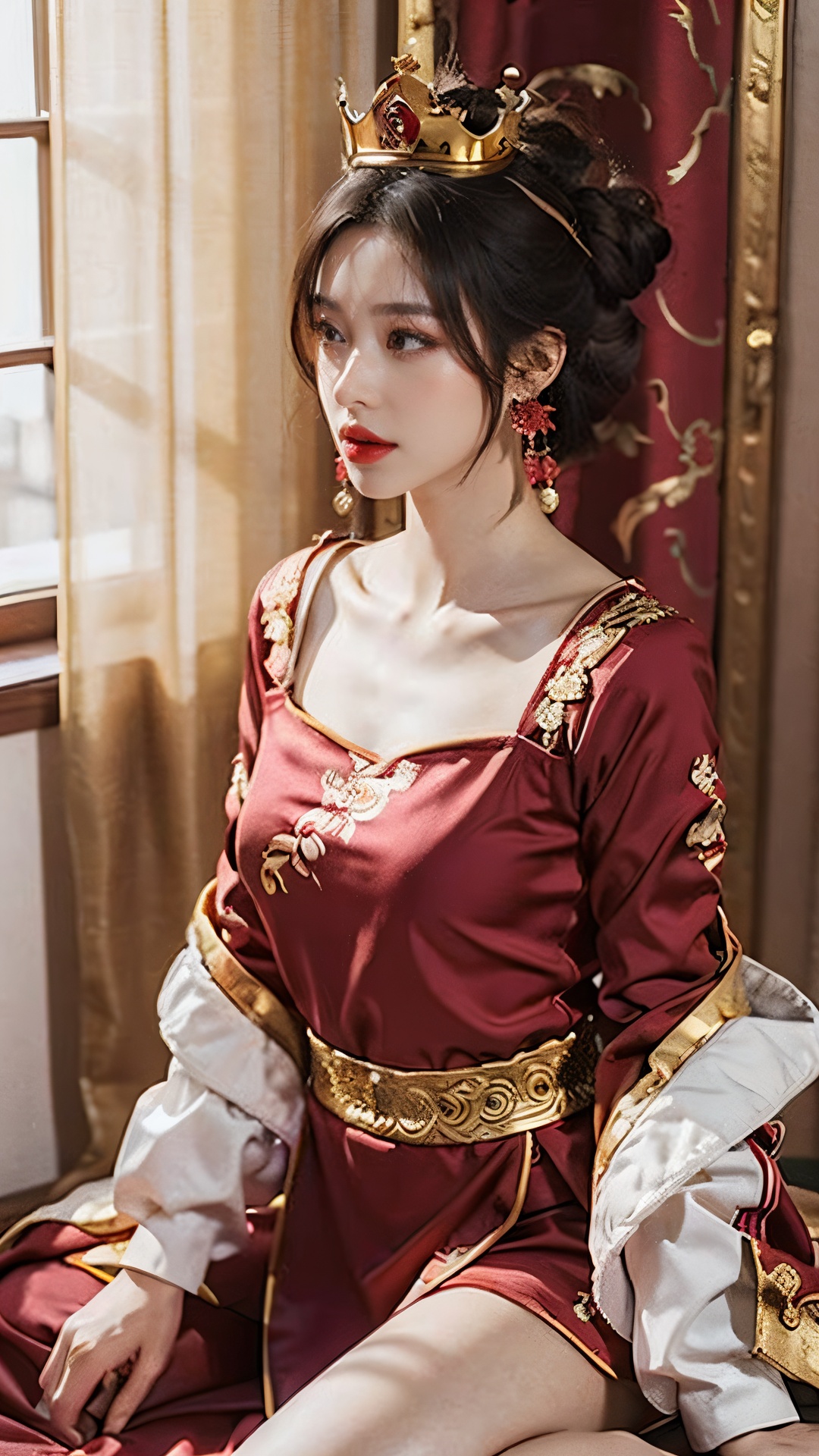 (Best quality: 1.1), (Realistic: 1.1), (Photography: 1.1), (highly details: 1.1), A woman wears a red and gold dress,Woman with a crown on her head, A hair stick,Delicate face, (sitting on red bed),black_Hair, crown, Looking down, (2 red candles), Chinese_clothes, Curtains, Earrings, Hair_decorations, Hanfu, interiors, jewelry, Long_Sleeves, Red dress, Redlip, nipple tassels, (Red quilt), (red palace: 1.2), (3DMM: 1.5),mix4,red and gold dress,qingse