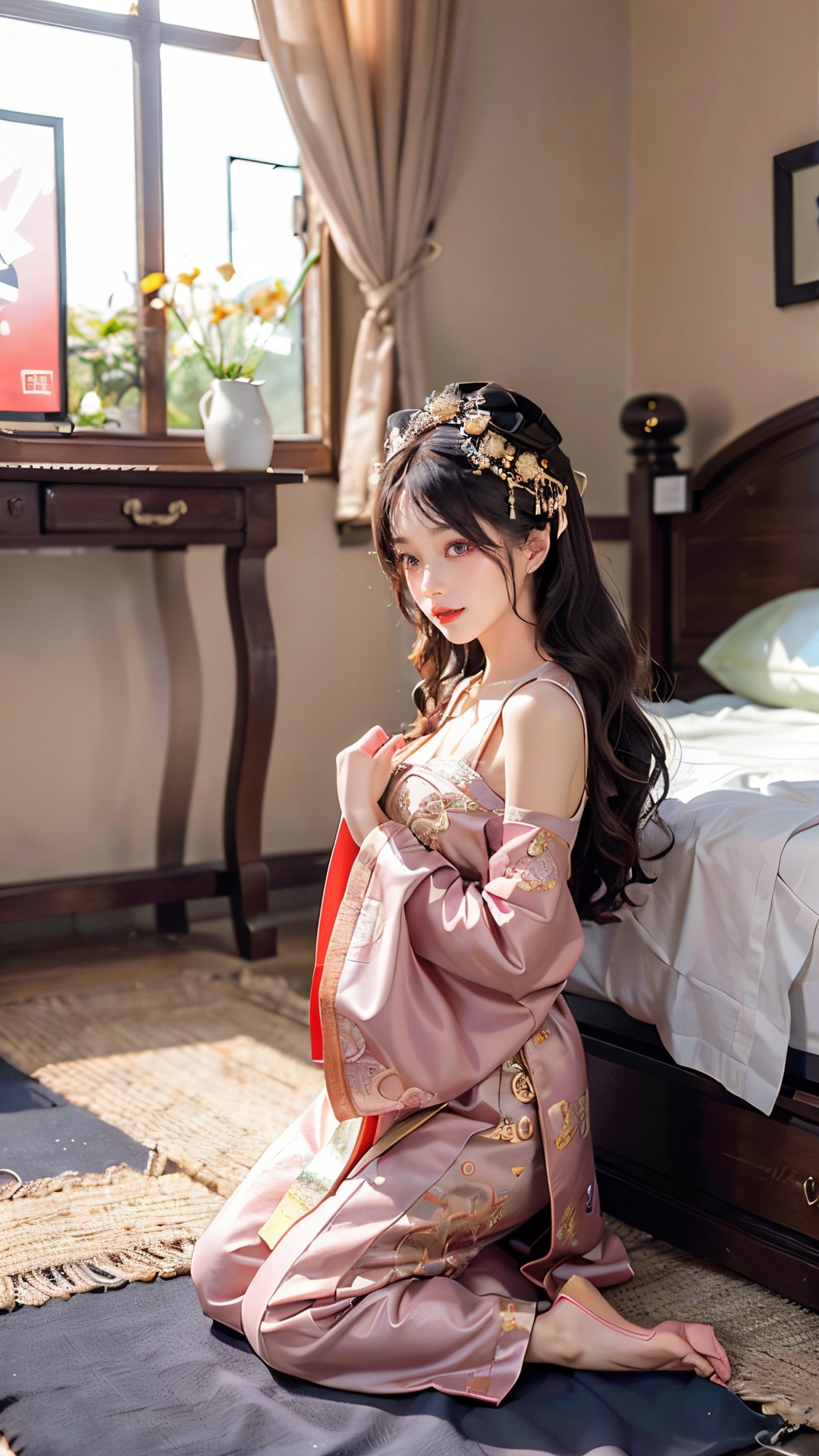 masterpiece,best quality,8k,high detailed,ultra-detailed,hair ornament,Hmong girl, Embroidered national costumes, cleavage, Traditional ornaments,穿着银饰的少女,白色长裙,金色头饰,银色手镯,戒指,耳环,项链,Best quality,Ultra-detailed,Realistic,A high resolution,Portrait,full bodye**ia,Beautiful woman,full bodye**ian,pink dudou,Miniskirt,Palatial bed,ornate bed,Flawless makeup,suns rays,Beauty,elicate and refined,Stunning,bj_Devil angel