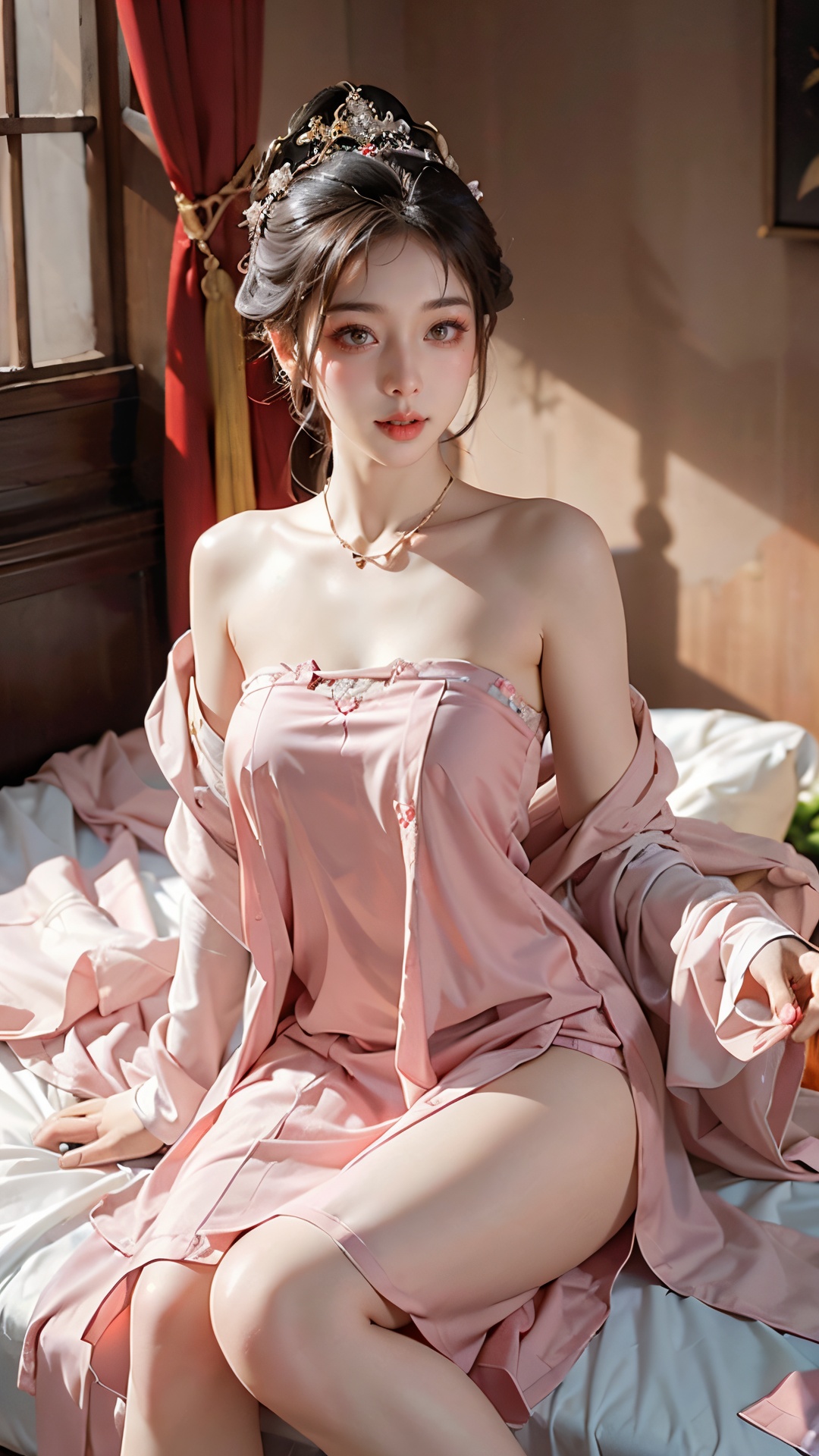 Best quality,Ultra-detailed,Realistic,A high resolution,Portrait,full bodyesbia,Beautiful woman,full bodyesbian,pink dudou,Miniskirt,Palatial bed,ornate bed,Flawless makeup,suns rays,Beauty,elicate and refined,Stunning,
