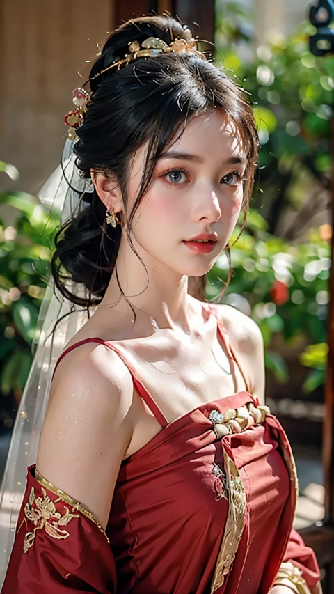a girl wearing a traditional Chinese red wedding dress,tassels,with intricate embroidery and golden accents,stunningly detailed hair accessories,beautiful detailed eyes and lips,breathtaking landscape in the background,emitting an air of elegance and grace,exquisite satin texture on the dress,delicate lace veil and jewelry,soft natural daylight illuminating the scene,creating a warm and romantic atmosphere,impeccable attention to detail and craftsmanship,(best quality,4k,highres,masterpiece:1.2),ultra-detailed,realistic:1.37,HDR,studio lighting,vivid colors,sharp focus,physically-based rendering,portraits,traditional Chinese costume,color palette:rich reds and golds,lush greenery in the background.,hanfu,(cleavage: 0.8)