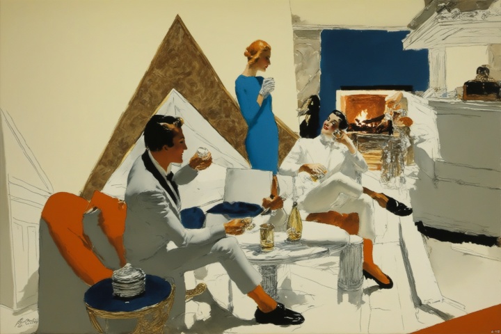 Rene Gruau, fashionable young man and woman, drinking by the triangular fireplace,