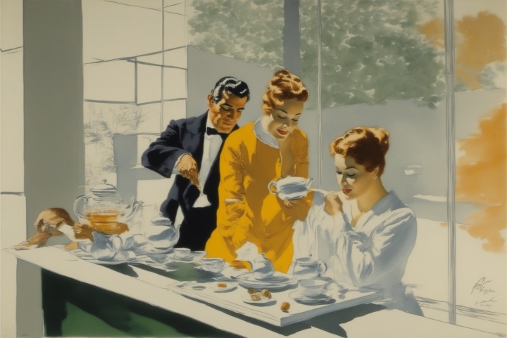 Rene Gruau,A woman is making tea, a woman is holding something, a man is sitting thinking, the background of a glass wall,