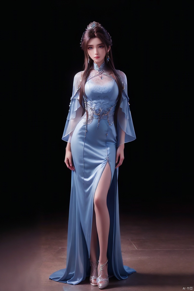  1girl, solo, long hair, looking at viewer, blue eyes, brown hair, black hair, hair ornament, dress, (full body:1.4), sky, high heels, bare legs,night, blue dress, moon, night sky,((poakl)),long hair,brown hair,hair ornament,white dress,jewelry,earrings,upper body,chinese clothes,looking at viewer,long sleeves,expressionless,closed mouth, LXQ