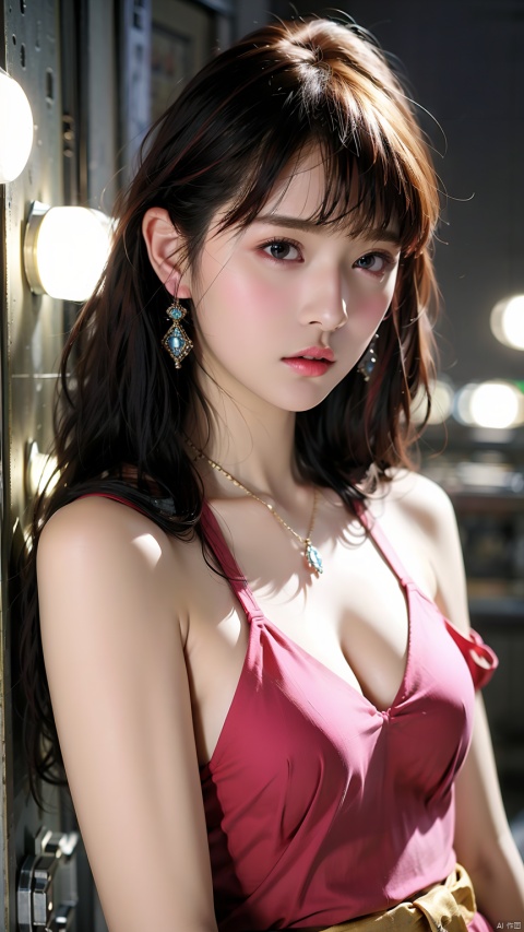  1girl,Bangs, off shoulder, colorful_hair, ((colorful hair)),golden dress, yellow eyes, chest, necklace, pink dress, earrings, floating hair, jewelry, sleeveless, very long hair,Looking at the observer, parted lips, pierced,energy,electricity,magic,tifa,sssr,blonde hair,jujingyi, wangyushan, dofas, 1 girl, Renai