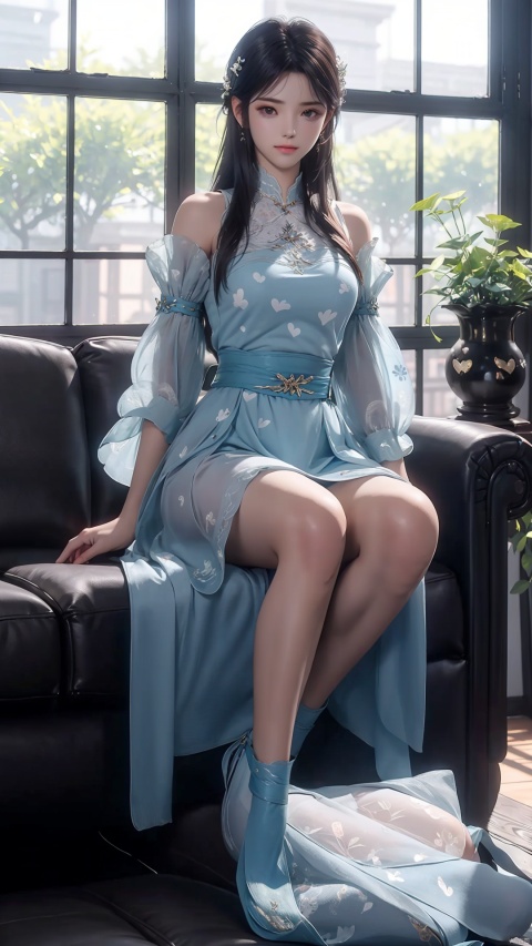 1girl, solo, long hair, couch, barefoot, hair ornament, short sleeves, sitting, looking at viewer, bangs, on couch, very long hair, indoors, closed mouth, heart print, brown eyes, heart, hairclip, apron, puffy sleeves, collarbone, blush, blue skirt, brown hair, blue dress, puffy short sleeves, see-through, shirt, skirt, plant, sparkle, dress, full body, see-through sleeves, nai3,knees_together_feet_apart