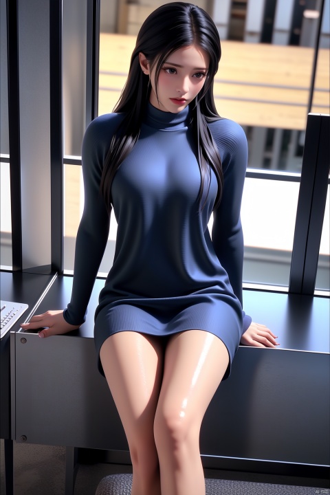 1girl,solo,perfect face,look at viewer,(sitting:1.4),
realistic,large breasts,see-through,sweater,grey dress,purple dress,long sleeves,web address,(Red highheels:1.4),
masterpiece,best quality,highly detailed,fine_fabric_emphasis,((glossy)),(Above calf:1.5),Black stockings,Indoor,(office:1.4), computer