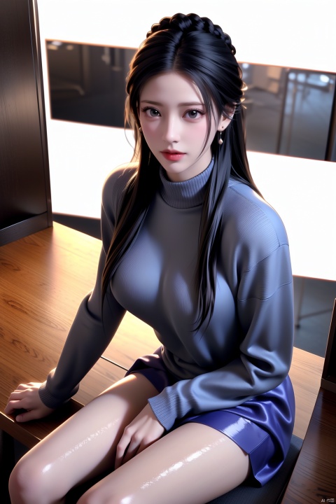 1girl,solo,perfect face,look at viewer,(sitting:1.4),
realistic,large breasts,see-through,sweater,grey dress,purple dress,long sleeves,web address,
masterpiece,best quality,highly detailed,fine_fabric_emphasis,((glossy)),(Above calf:1.5),Black stockings,Indoor,(office:1.4), computer