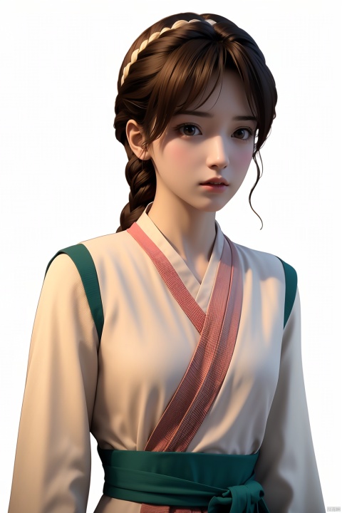 hanyouniang,1girl,solo,looking at viewer,bangs,simple background,brown hair,long sleeves,white background,brown eyes,closed mouth,upper body,braid,lips,sash,realistic