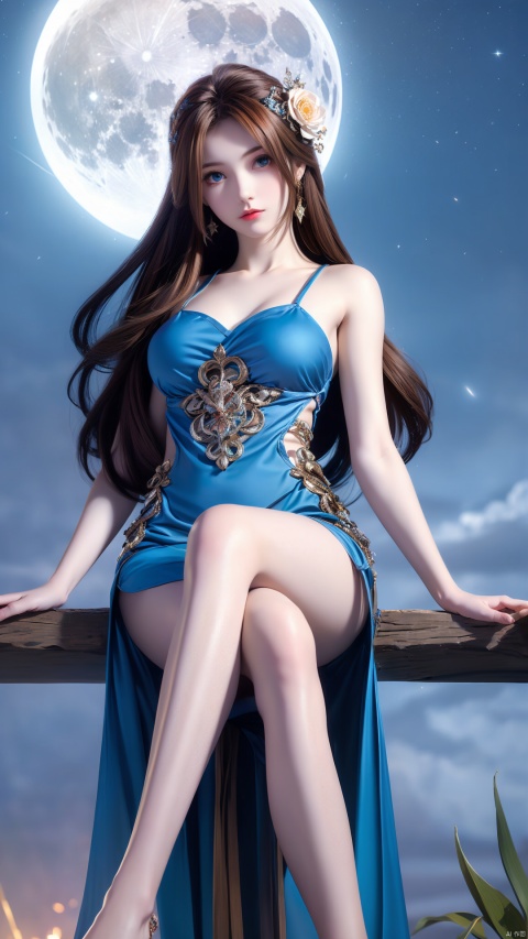 1girl, solo, long hair, looking at viewer, blue eyes, brown hair, hair ornament, dress, sitting, flower, sky, bare legs, night, blue dress, moon, crossed legs, star \(sky\), night sky