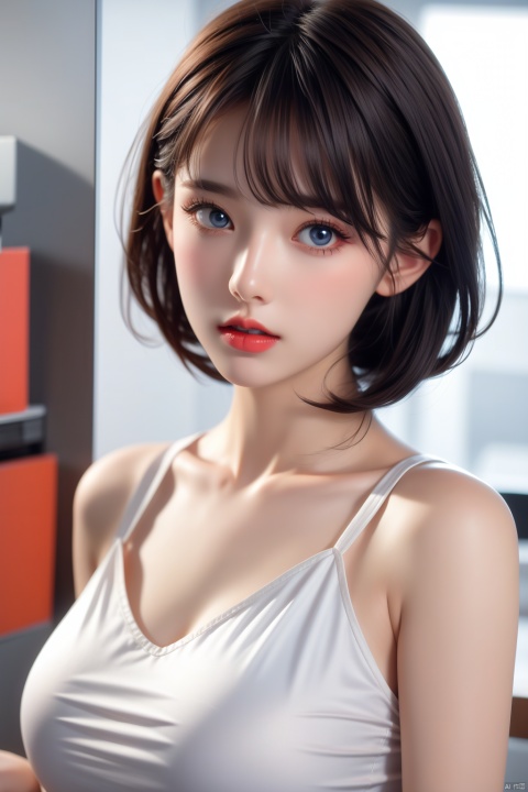 1girl, solo, breasts, looking at viewer, short hair, bangs, blue eyes, bare shoulders, closed mouth, collarbone, upper body, parted lips, lips, makeup, realistic, red lips,indoors, offices,Look at the camera,Regular face